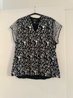 Liz Claiborne Black V-Neck Top with White Floral Embroidery